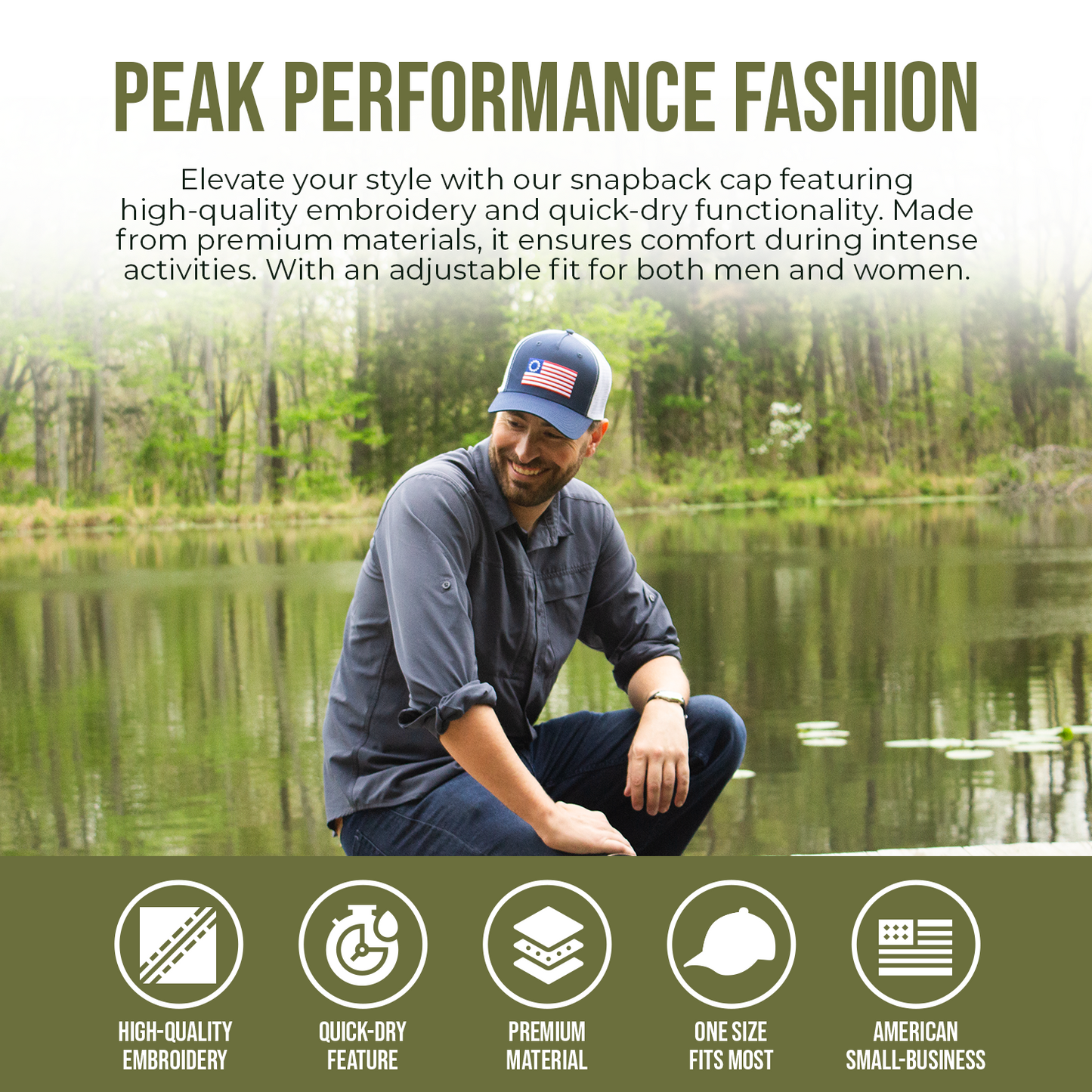 PEAK PERFORMANCE FASHION - International Tie American Betsy Ross Flag Patriotic Trucker Baseball Snapback Hat Navy Blue