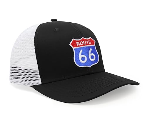 International Tie Route 66 Hat for Men and Women - Snapback Trucker Baseball Cap (Black/White)
