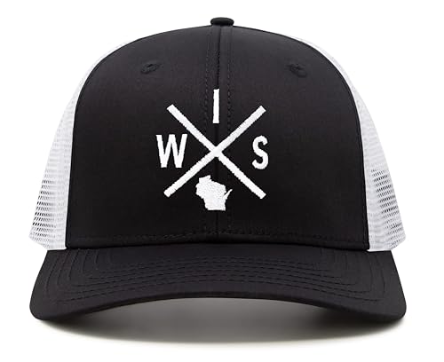 International Tie Wisconsin WIS Hat for Men and Women - Snapback Trucker Baseball Cap (Black/White)