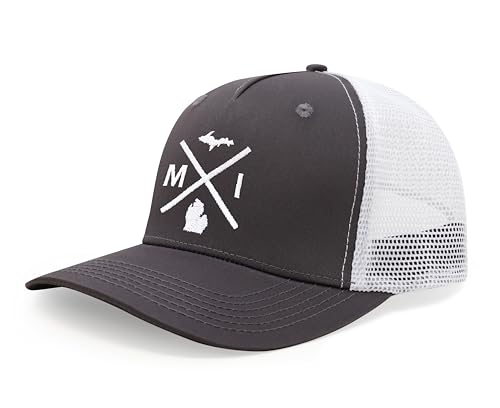 International Tie Michigan MI Hat for Men and Women - Snapback Trucker Baseball Cap (Grey/White)