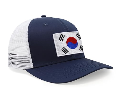 International Tie Country Hat for Men and Women, Adjustable Snapback Trucker Baseball Cap with Embroidered Patch (South Korea, Navy White)