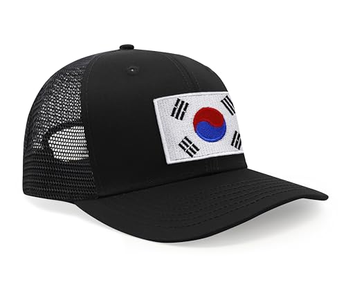 International Tie Country Hat for Men and Women, Adjustable Snapback Trucker Baseball Cap with Embroidered Patch (South Korea, All Black)