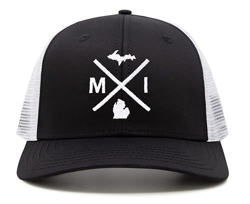 International Tie Michigan MI Hat for Men and Women - Snapback Trucker Baseball Cap (Black/White)
