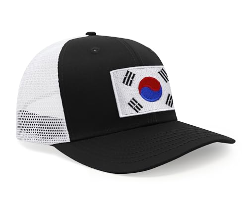International Tie Country Hat for Men and Women, Adjustable Snapback Trucker Baseball Cap with Embroidered Patch (South Korea, Black White)