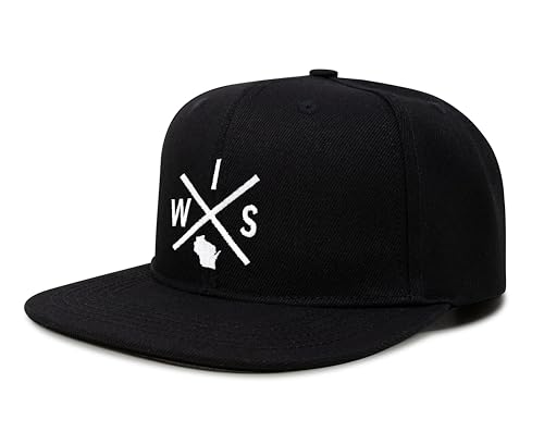 International Tie Wisconsin WIS Hat for Men and Women - Snapback Trucker Baseball Cap (Black Flatbill)