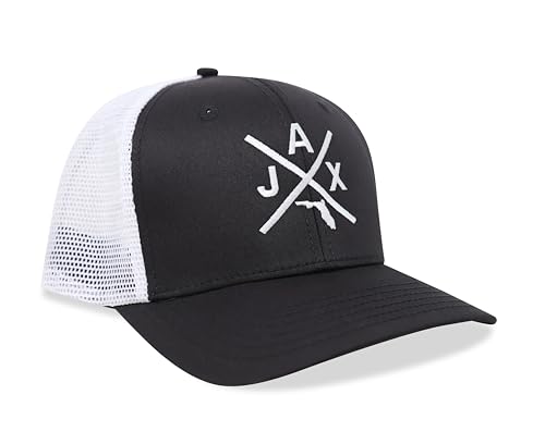 International Tie Jacksonville Jax Hat for Men and Women - Snapback Trucker Baseball Cap (Black/White)