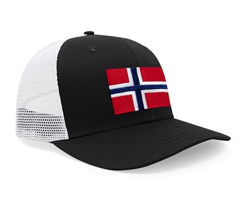 International Tie Country Hat for Men and Women, Adjustable Snapback Trucker Baseball Cap with Embroidered Patch (Norway, Black White) - International Tie