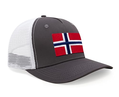International Tie Country Hat for Men and Women, Adjustable Snapback Trucker Baseball Cap with Embroidered Patch (Norway, Grey White) - International Tie