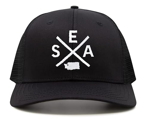 International Tie Seattle SEA Hat for Men and Women - Snapback Trucker Baseball Cap (All Black)