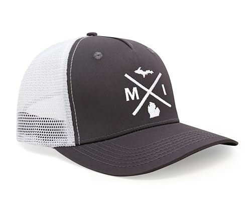 International Tie Michigan MI Hat for Men and Women - Snapback Trucker Baseball Cap (Grey/White)