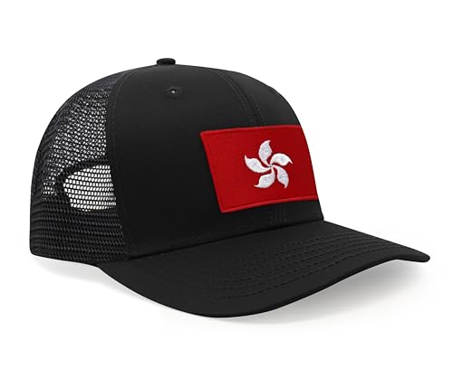 International Tie Premium Hong Kong Flag Hat for Men and Women - Snapback Trucker Baseball Cap (All Black) - International Tie