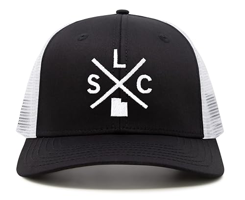 International Tie Salt Lake City SLC Hat for Men and Women - Snapback Trucker Baseball Cap (Black/White)