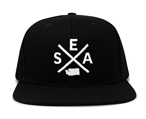 International Tie Seattle SEA Hat for Men and Women - Snapback Trucker Baseball Cap (Black Flatbill)