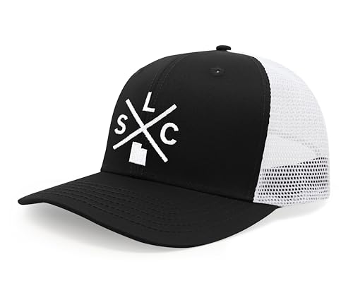 International Tie Hat for Men and Women, Snapback Trucker Baseball Cap, Embroidered Cross Logo (SLC - Salt Lake City, Black White)