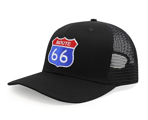 International Tie Premium Route 66 Hat for Men and Women – Mother Road Snapback Trucker Baseball Cap (All Black) - International Tie