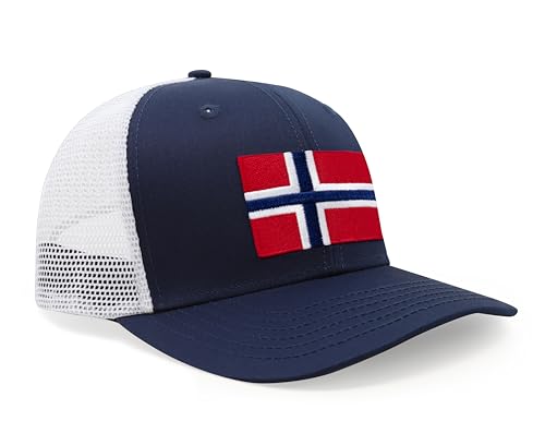 International Tie Country Hat for Men and Women, Adjustable Snapback Trucker Baseball Cap with Embroidered Patch (Norway, Navy White) - International Tie