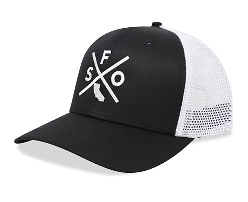 International Tie San Francisco SFO Hat for Men and Women - Snapback Trucker Baseball Cap (Black/White)
