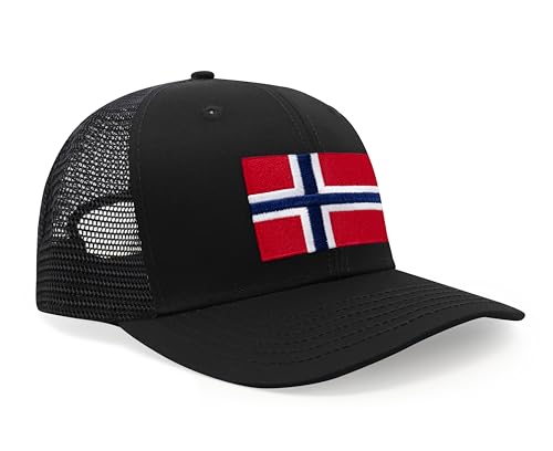 International Tie Country Hat for Men and Women, Adjustable Snapback Trucker Baseball Cap with Embroidered Patch (Norway, All Black) - International Tie