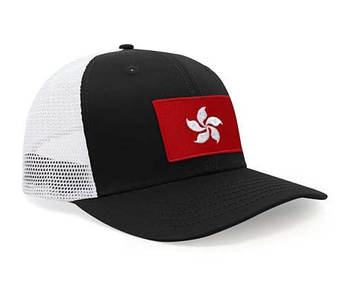 International Tie Hong Kong Flag Hat for Men and Women – Snapback Trucker Baseball Cap (Black White) - International Tie