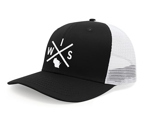 International Tie Wisconsin WIS Hat for Men and Women - Snapback Trucker Baseball Cap (Black/White)