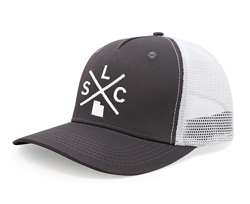 International Tie Hat for Men and Women, Snapback Trucker Baseball Cap, Embroidered Cross Logo (SLC - Salt Lake City, Grey White)