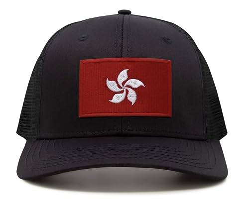 International Tie Premium Hong Kong Flag Hat for Men and Women - Snapback Trucker Baseball Cap (All Black)