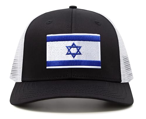 International Tie Premium Israel Flag Hat for Men and Women - Snapback Trucker Baseball Cap (Black White)