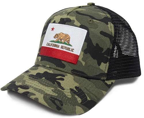International Tie State Hat for Men and Women, Adjustable Snapback Trucker Baseball Cap with Embroidered Patch (California, Camouflage)