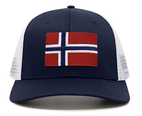 International Tie Premium Norway Flag Hat for Men and Women - Snapback Trucker Baseball Cap (Navy White)