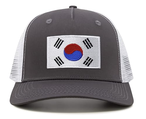 International Tie Premium South Korea Flag Hat for Men and Women - Snapback Trucker Baseball Cap (Grey White)