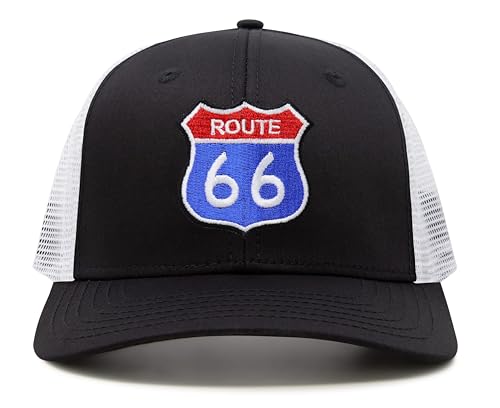 International Tie Route 66 Hat for Men and Women - Snapback Trucker Baseball Cap (Black/White)