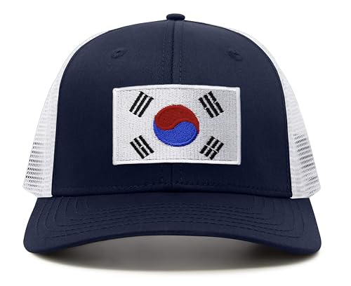 International Tie Premium South Korea Flag Hat for Men and Women - Snapback Trucker Baseball Cap (Navy White)