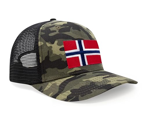 International Tie Country Hat for Men and Women, Adjustable Snapback Trucker Baseball Cap with Embroidered Patch (Norway, Camouflage) - International Tie