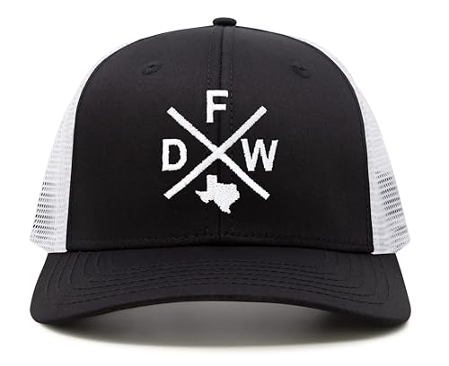 International Tie Premium Dallas Fort Worth DFW Hat for Men and Women – Lone Star State Snapback Trucker Baseball Cap (Black/White)