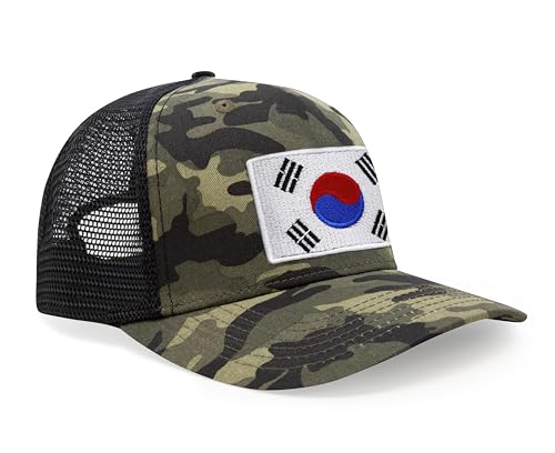 International Tie Country Hat for Men and Women, Adjustable Snapback Trucker Baseball Cap with Embroidered Patch (South Korea, Camouflage)