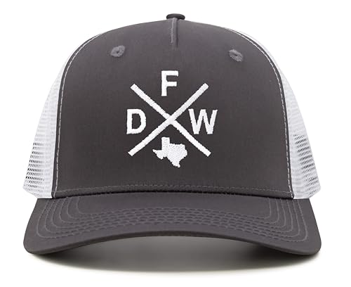 International Tie Dallas Fort Worth DFW Hat for Men and Women - Snapback Trucker Baseball Cap (Grey/White)