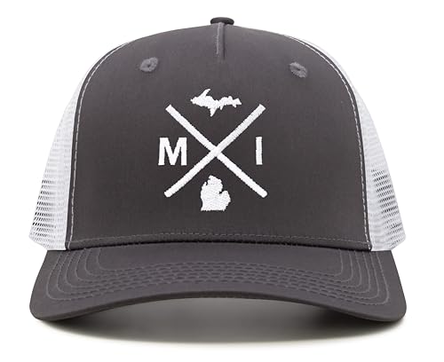 International Tie Michigan MI Hat for Men and Women - Snapback Trucker Baseball Cap (Grey/White)