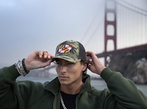 International Tie Maryland Flag Snapback Trucker Baseball Hat (Camouflage)