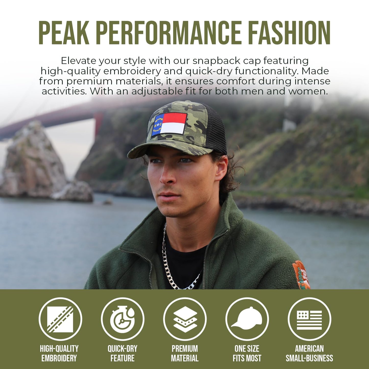 International Tie Premium Flag Themed North Carolina Hat for Men and Women – Adjustable One Size Snapback Cap - Embroidered Patch - Mesh Back (Camouflage)