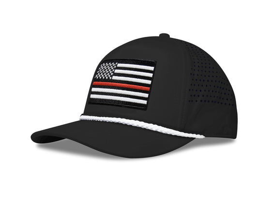 Performance Golf Hat – Adjustable Snapback Trucker Baseball Cap for Men & Women - Jetset Series (Thin Red Line, Midnight Black)