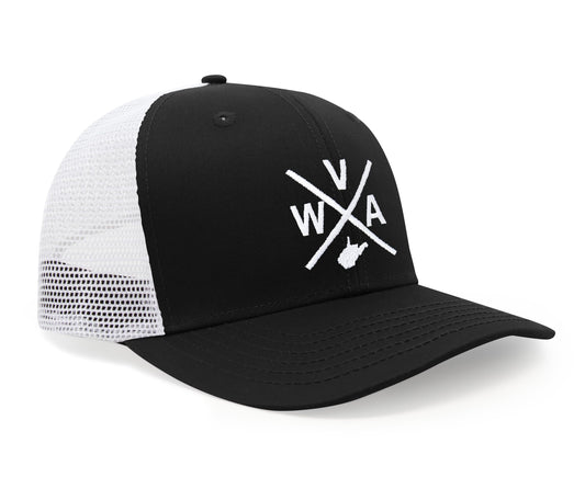 International Tie State City Hat for Men and Women, Snapback Trucker Baseball Cap with Embroidered Cross Logo (West Virginia - WVA, Black White)