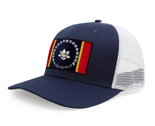 International Tie State Hat for Men and Women, Adjustable Snapback Trucker Baseball Cap with Embroidered Patch (Mississippi, Navy White) - International Tie