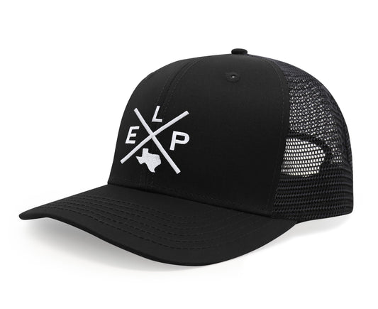 International Tie Hat for Men and Women, ELP Snapback Trucker Baseball Cap, Embroidered Cross Logo (ELP - El Paso, All Black)