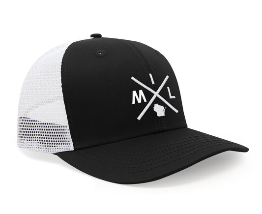 International Tie Hat for Men and Women, Adjustable Snapback Trucker Baseball Cap, Embroidered Cross Logo (MIL - Milwaukee, Black White) - International Tie