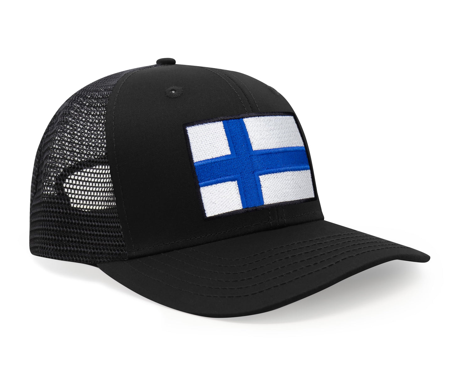 International Tie Finland Flag Hat for Men and Women - Adjustable Snapback Trucker Baseball Cap (All Black)