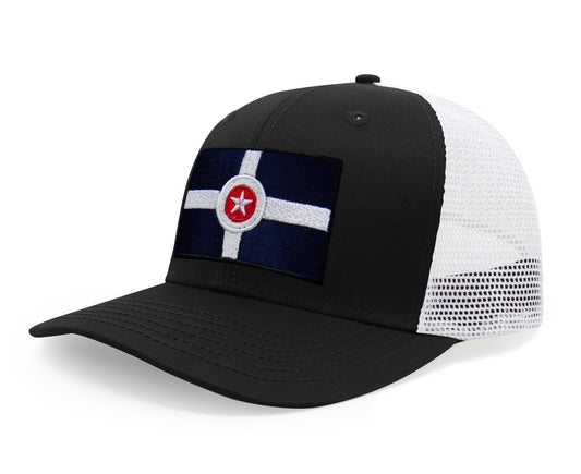 International Tie Indianapolis Flag Hat for Men and Women – Snapback Trucker Baseball Cap (Black White) - International Tie