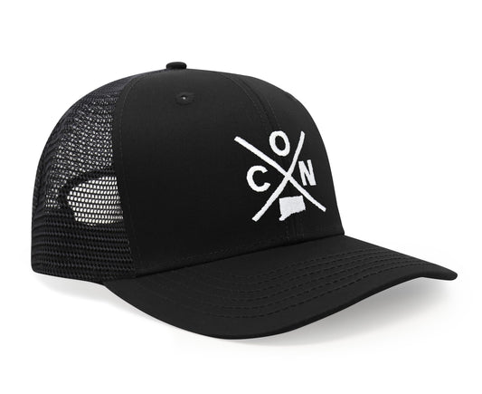 International Tie State City Hat for Men and Women, Snapback Trucker Baseball Cap with Embroidered Cross Logo (Connecticut - CON, All Black)