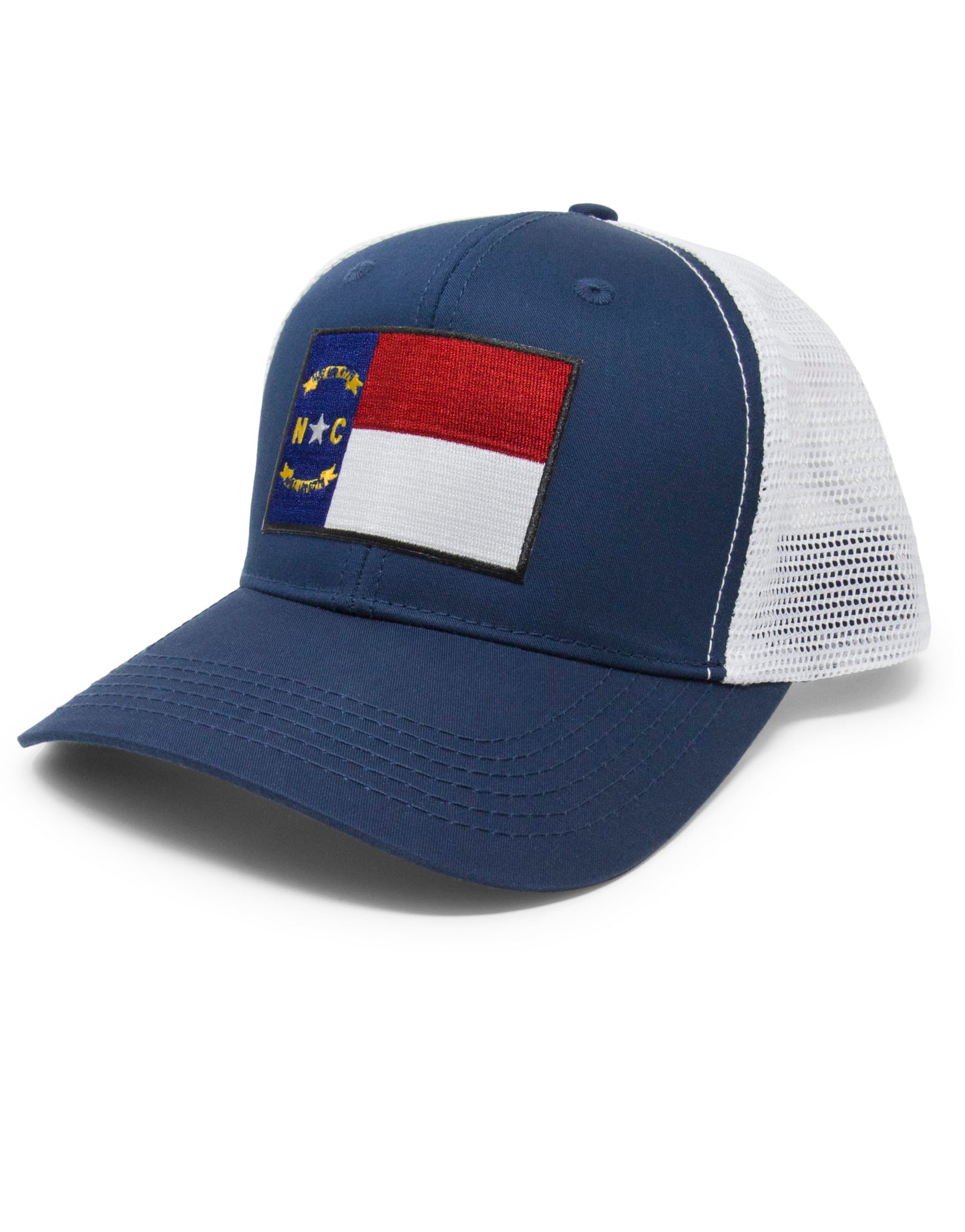 North Carolina Flag Trucker Baseball Snapback Hat (Navy White) - International Tie