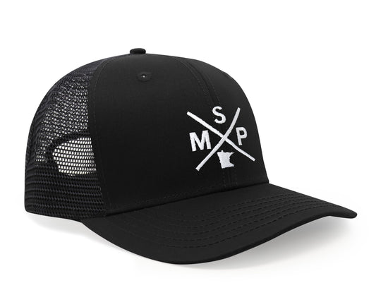 International Tie State City Hat for Men and Women, Snapback Trucker Baseball Cap with Embroidered Cross Logo (MSP - Minneapolis St. Paul, All Black)