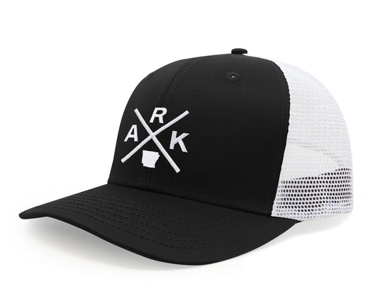 International Tie Hat for Men and Women, Adjustable Snapback Trucker Baseball Cap, Embroidered Cross Logo (ARK - Arkansas, Black White)